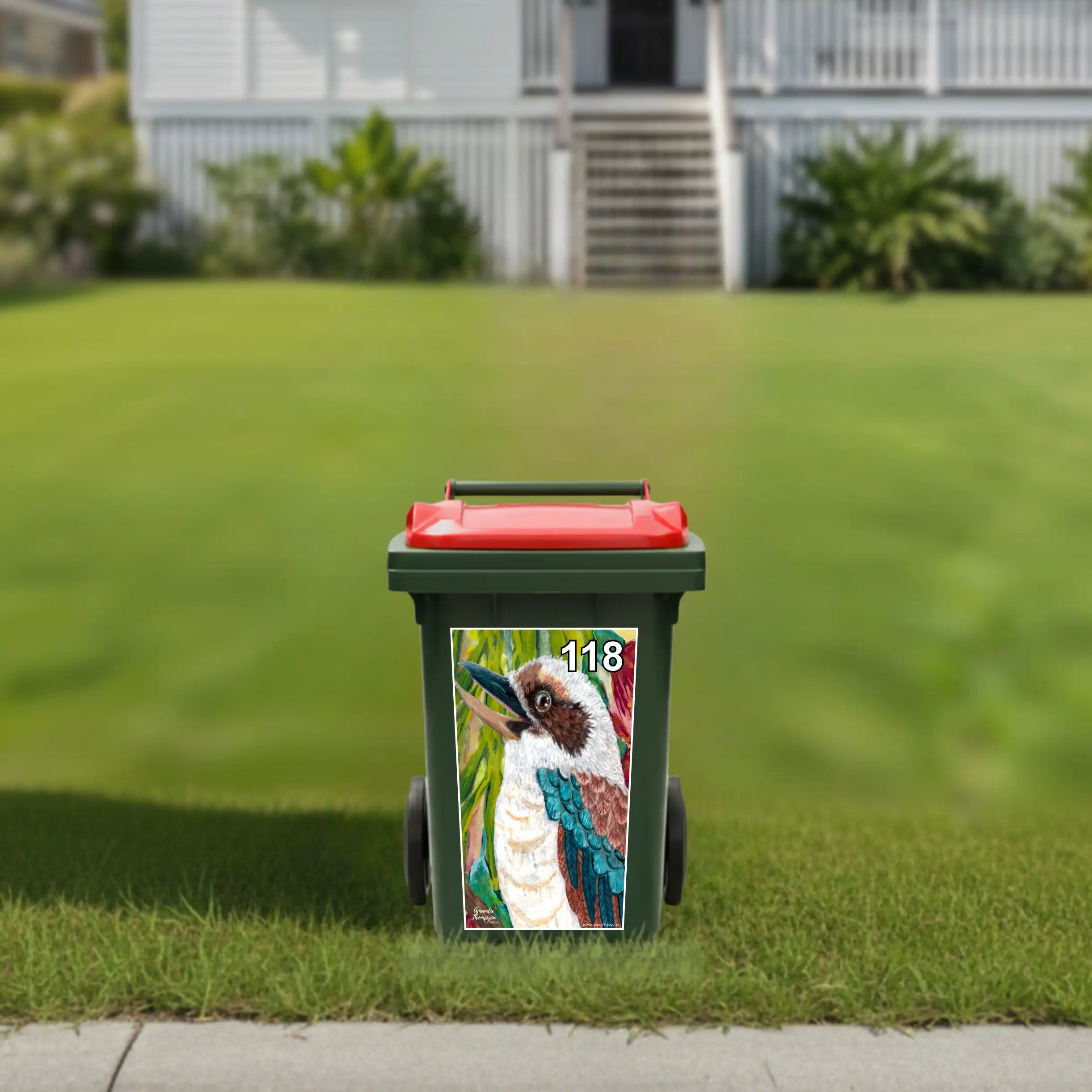 Wheelie bin stickers Australia with kookaburra artwork and bin number 118