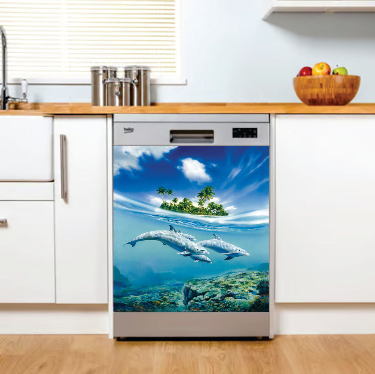 Dolphin with tropical island dishwasher sticker