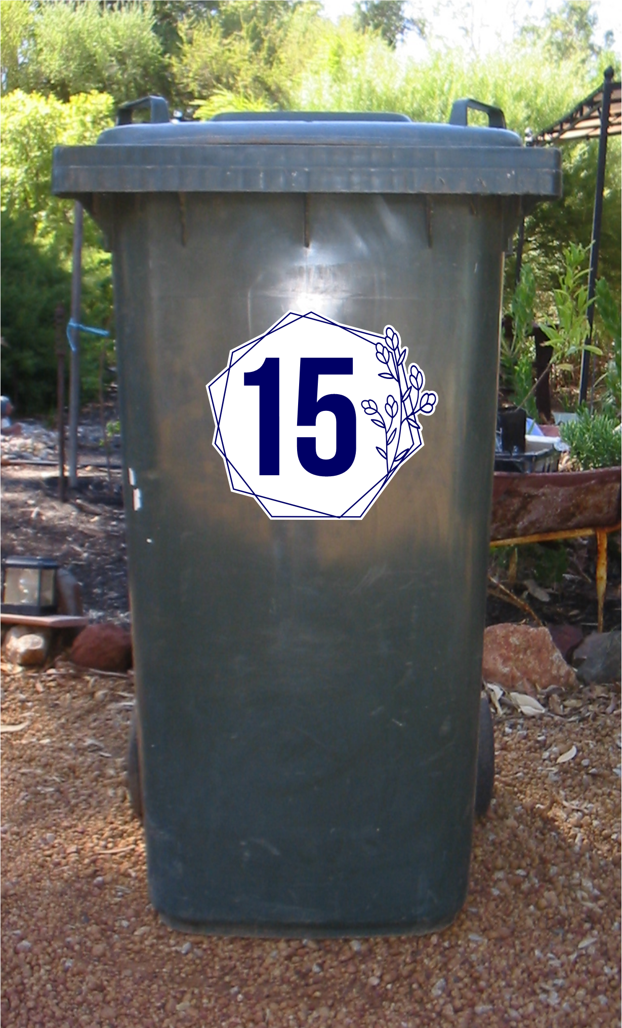 House number with flower border wheelie bin sticker
