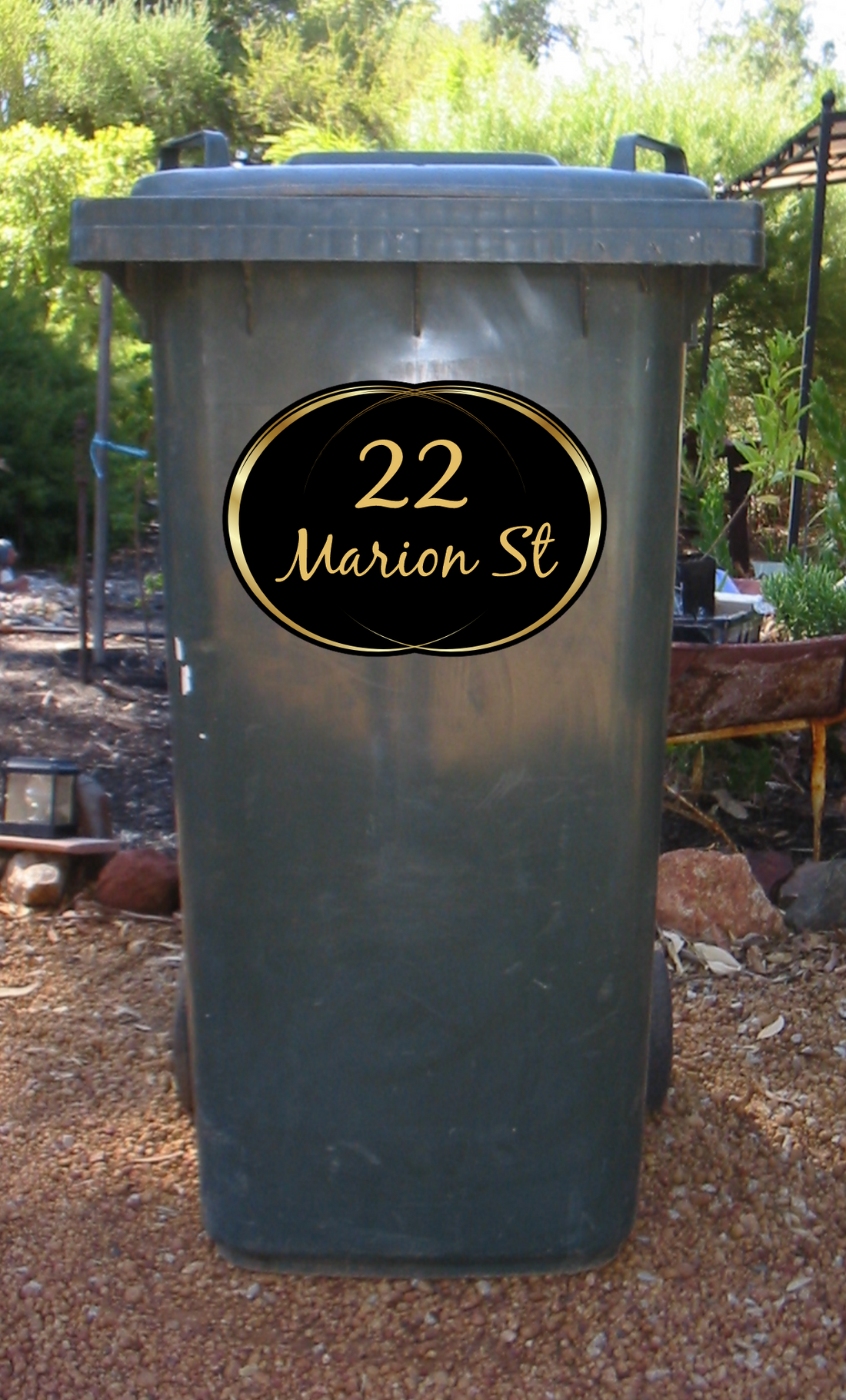Decorative house number and street name wheelie bin sticker