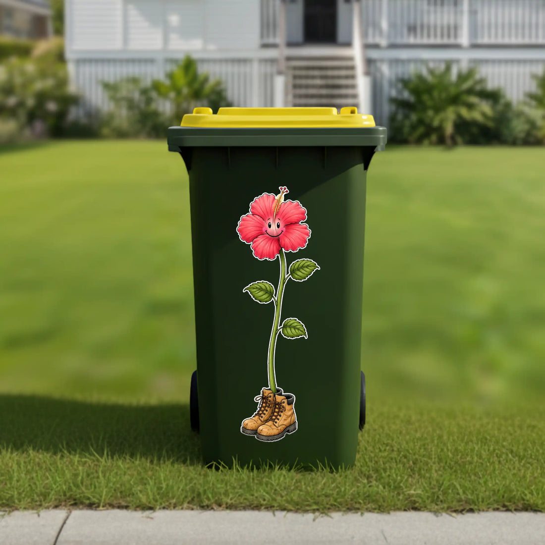 Happy hibiscus in workboots wheelie bin sticker