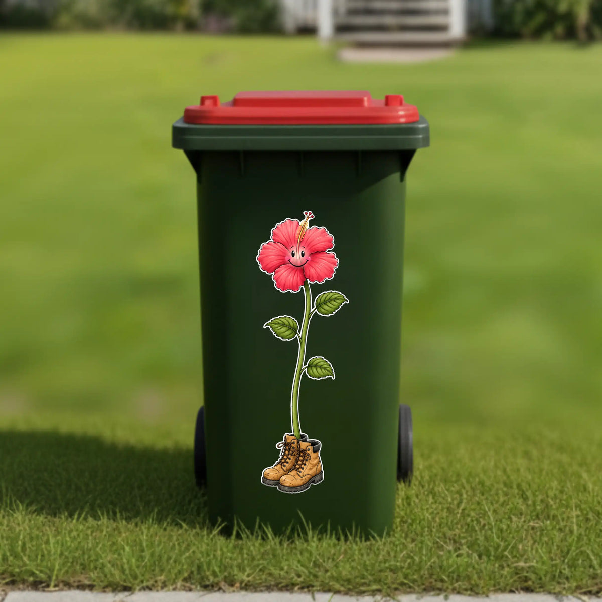 Happy hibiscus in workboots wheelie bin sticker