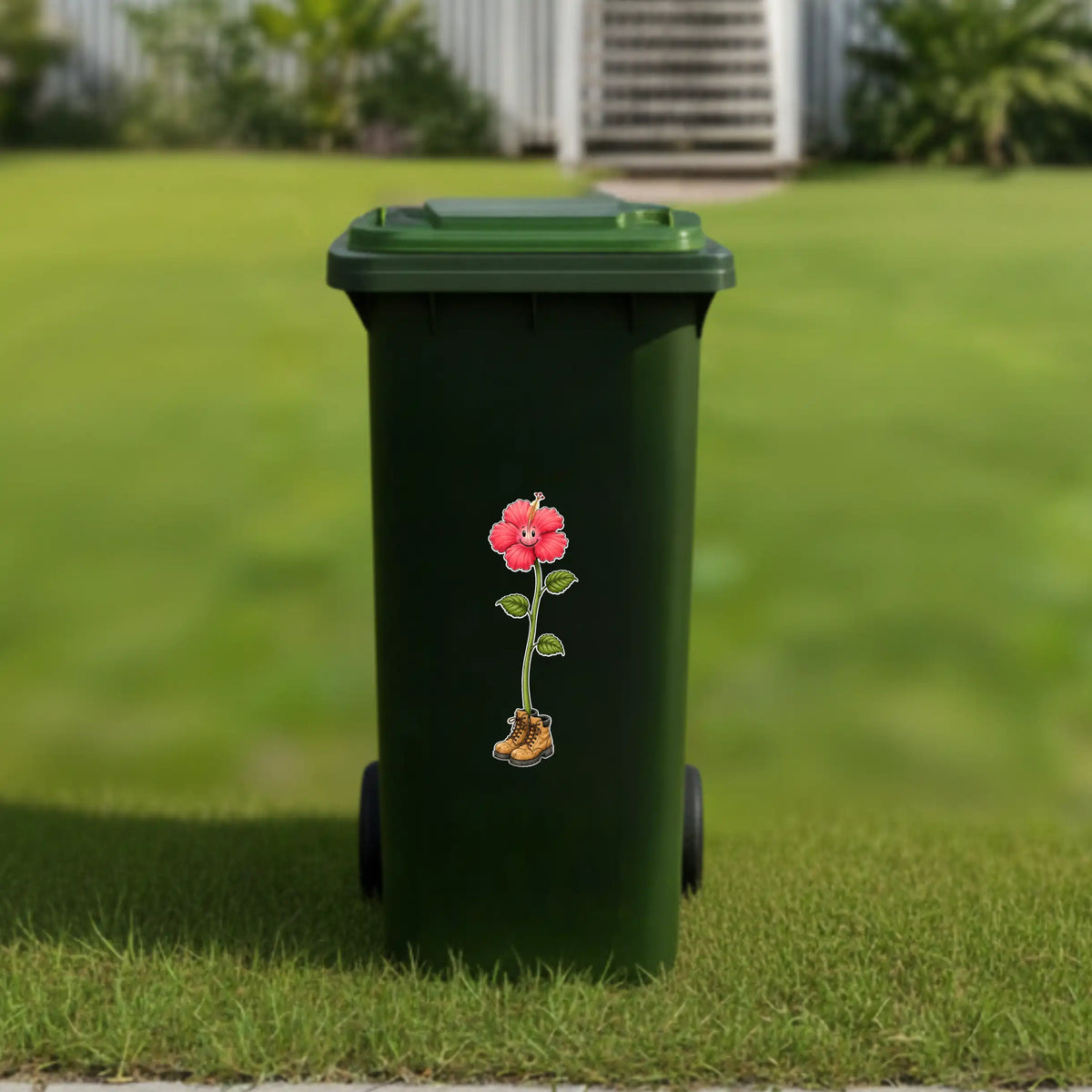 Happy hibiscus in workboots wheelie bin sticker