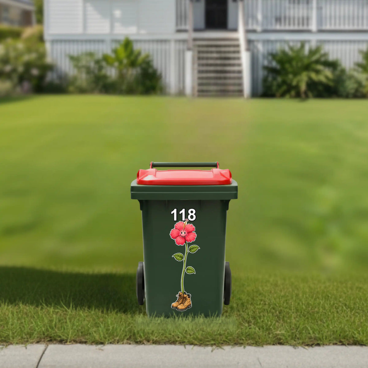 Happy hibiscus in workboots wheelie bin sticker
