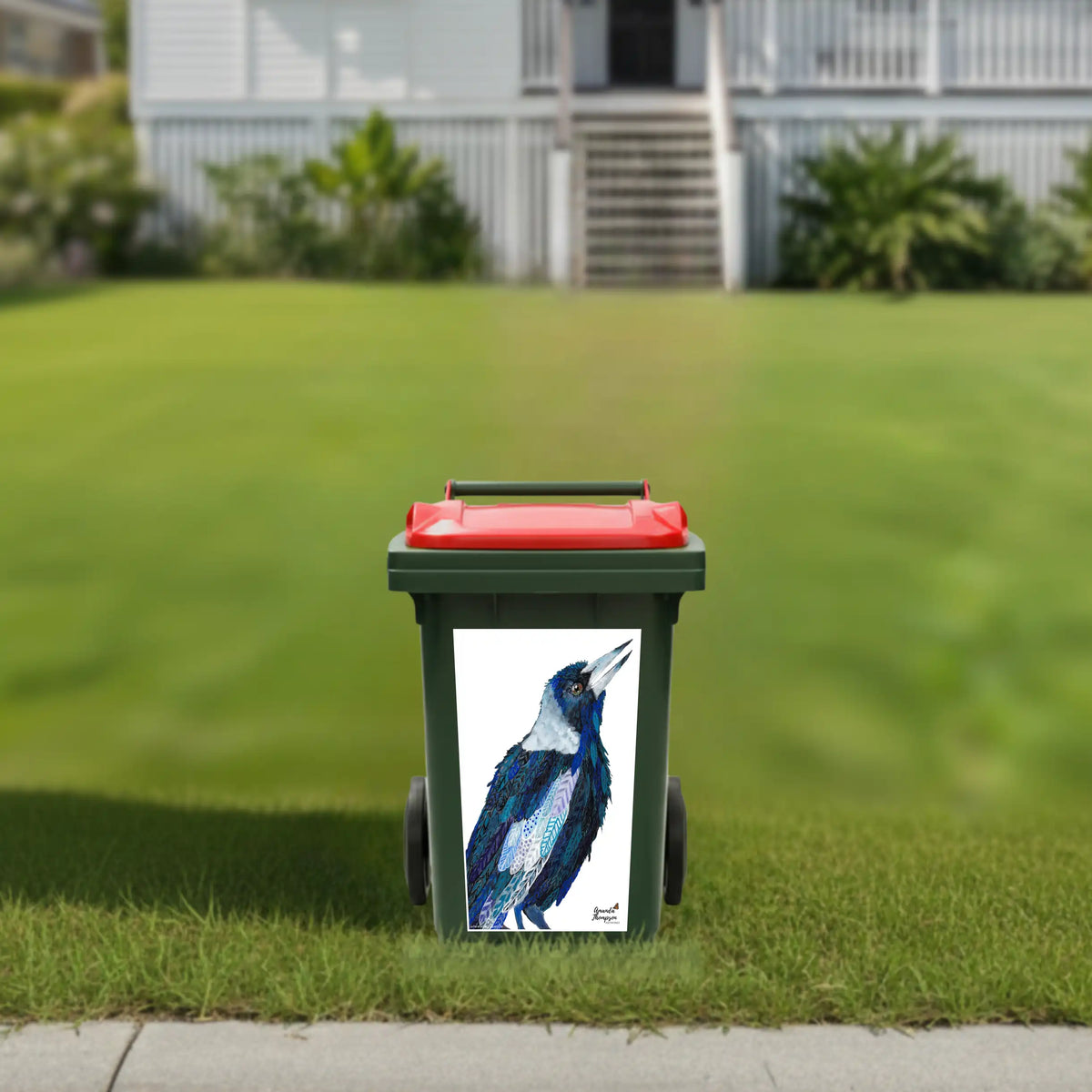 Australian magpie wheelie bin sticker with native bird artwork and house number 72