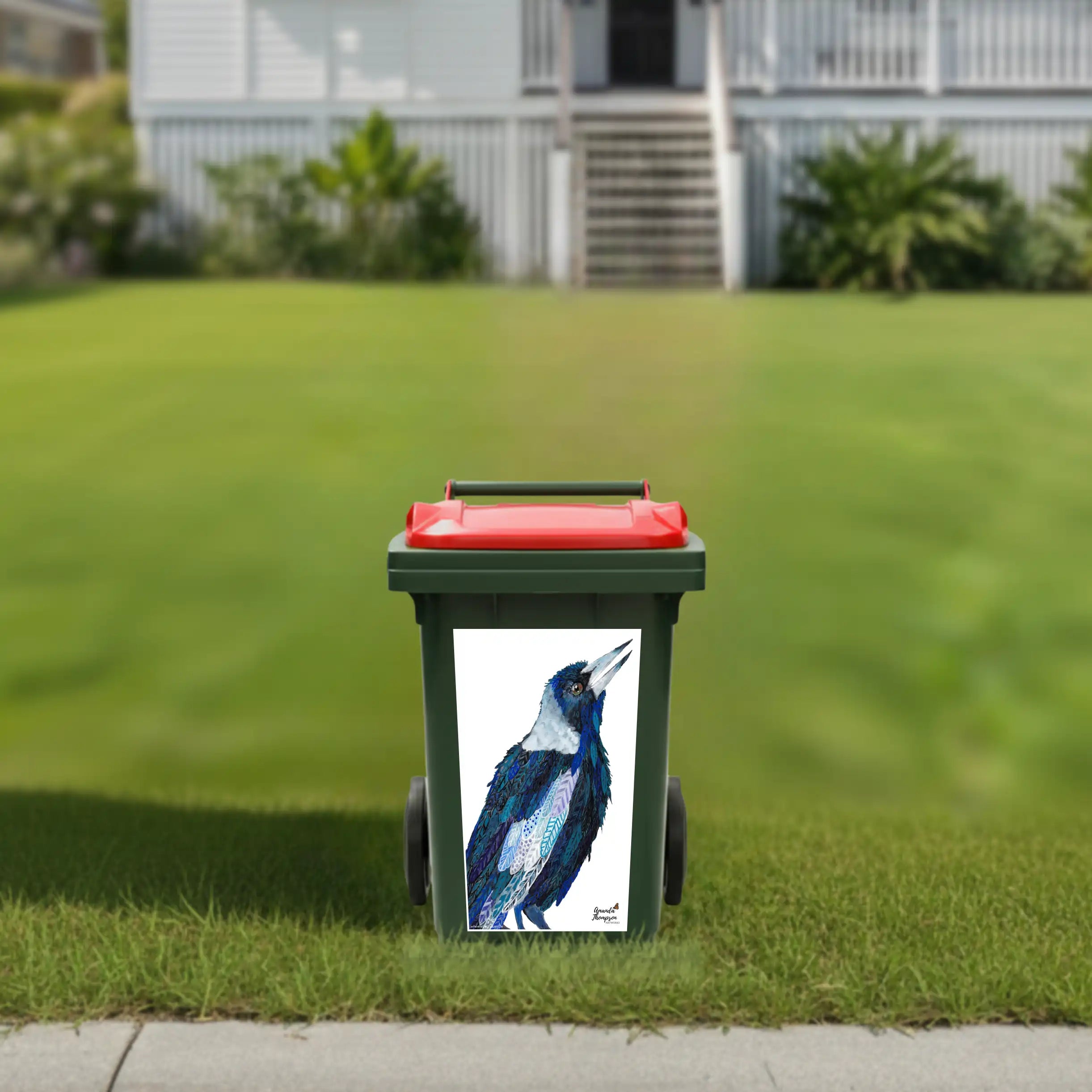 Australian magpie wheelie bin sticker with native bird artwork and house number 72
