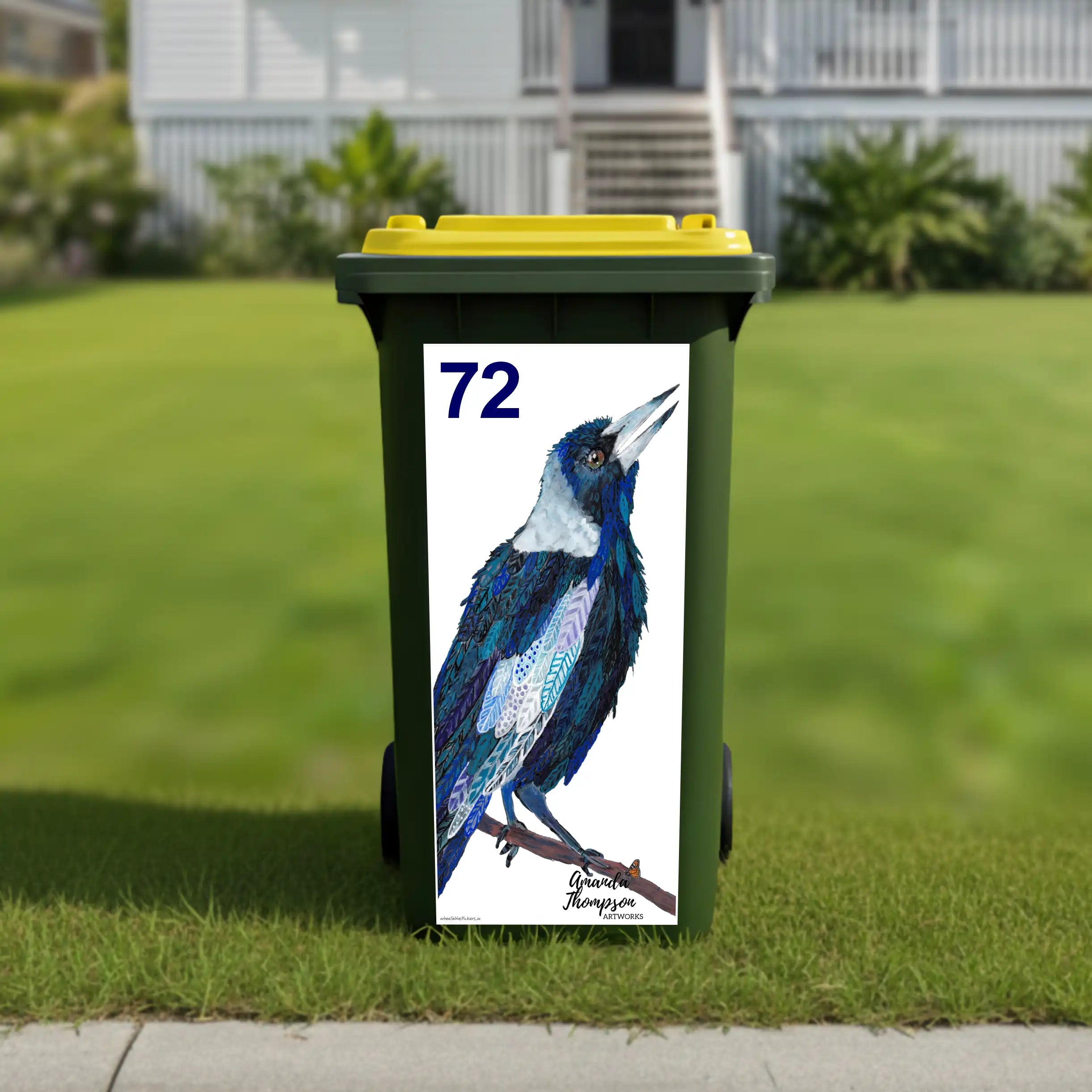 Australian magpie wheelie bin stickers Australia with native bird artwork and house number 72