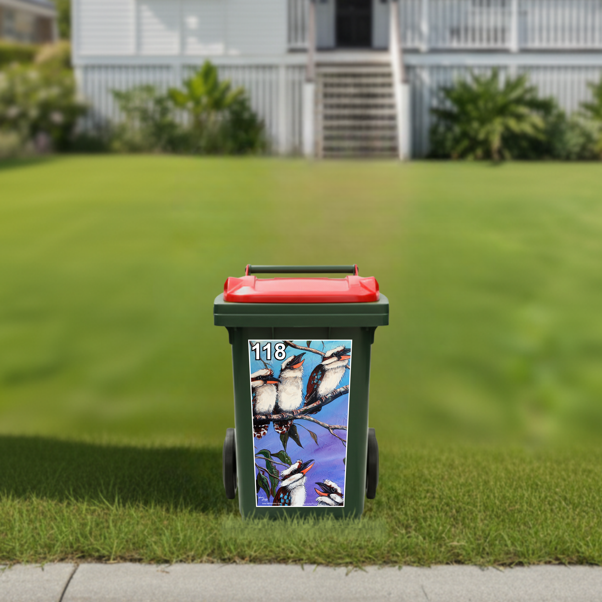 Kookaburra wheelie bin sticker – Grove Wesley Design Art