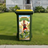 Funny wheelie bin stickers Australia — green bin with custom &