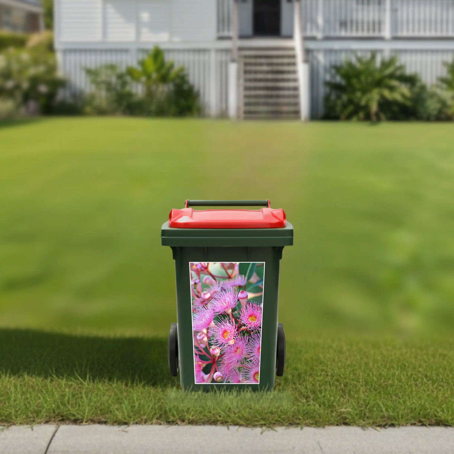 Pink Flower Gum wheelie bin stickers Australia featuring colourful Australian native blossom artwork