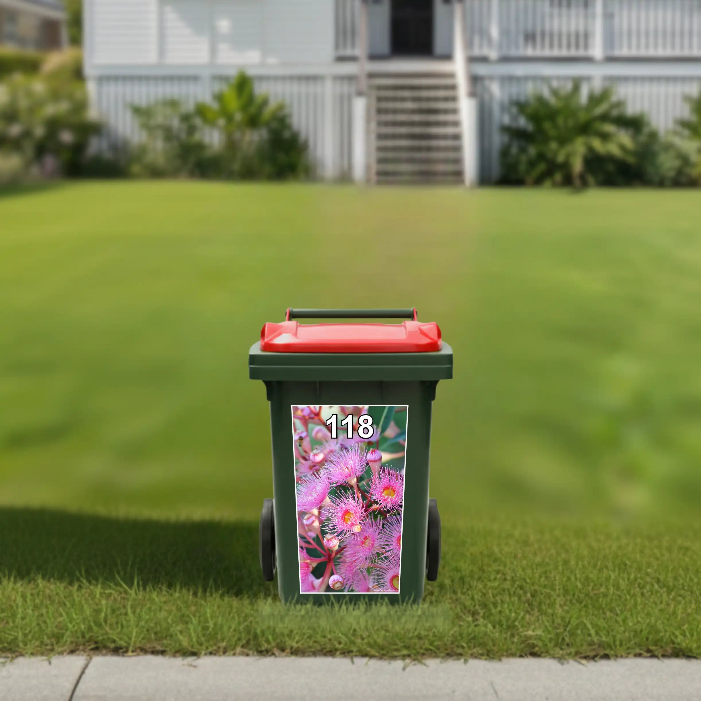 Pink Flower Gum wheelie bin stickers Australia with native blossom artwork and house number 118