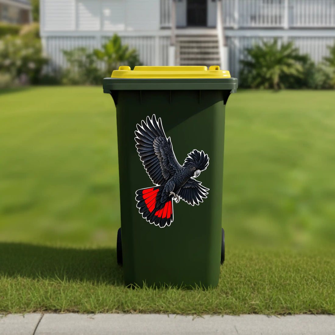 Flying red tailed cockatoo wheelie bin sticker