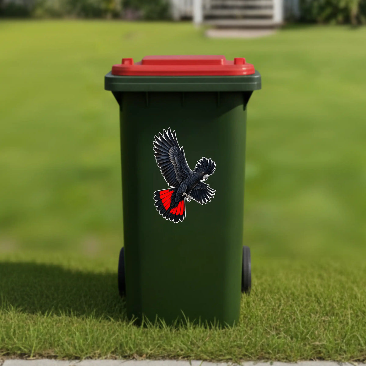 Flying red tailed cockatoo wheelie bin sticker