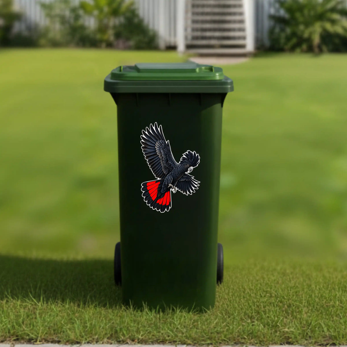 Flying red tailed cockatoo wheelie bin sticker