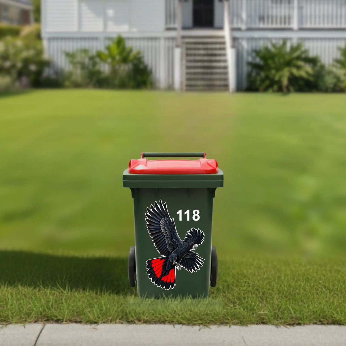 Flying red tailed cockatoo wheelie bin sticker