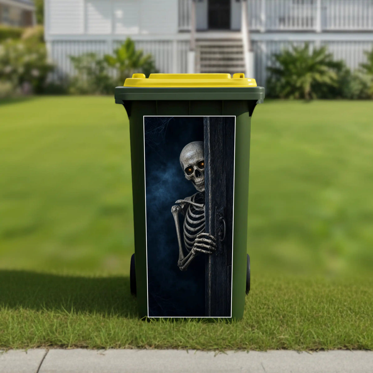 Peeking skeleton wheelie bin sticker