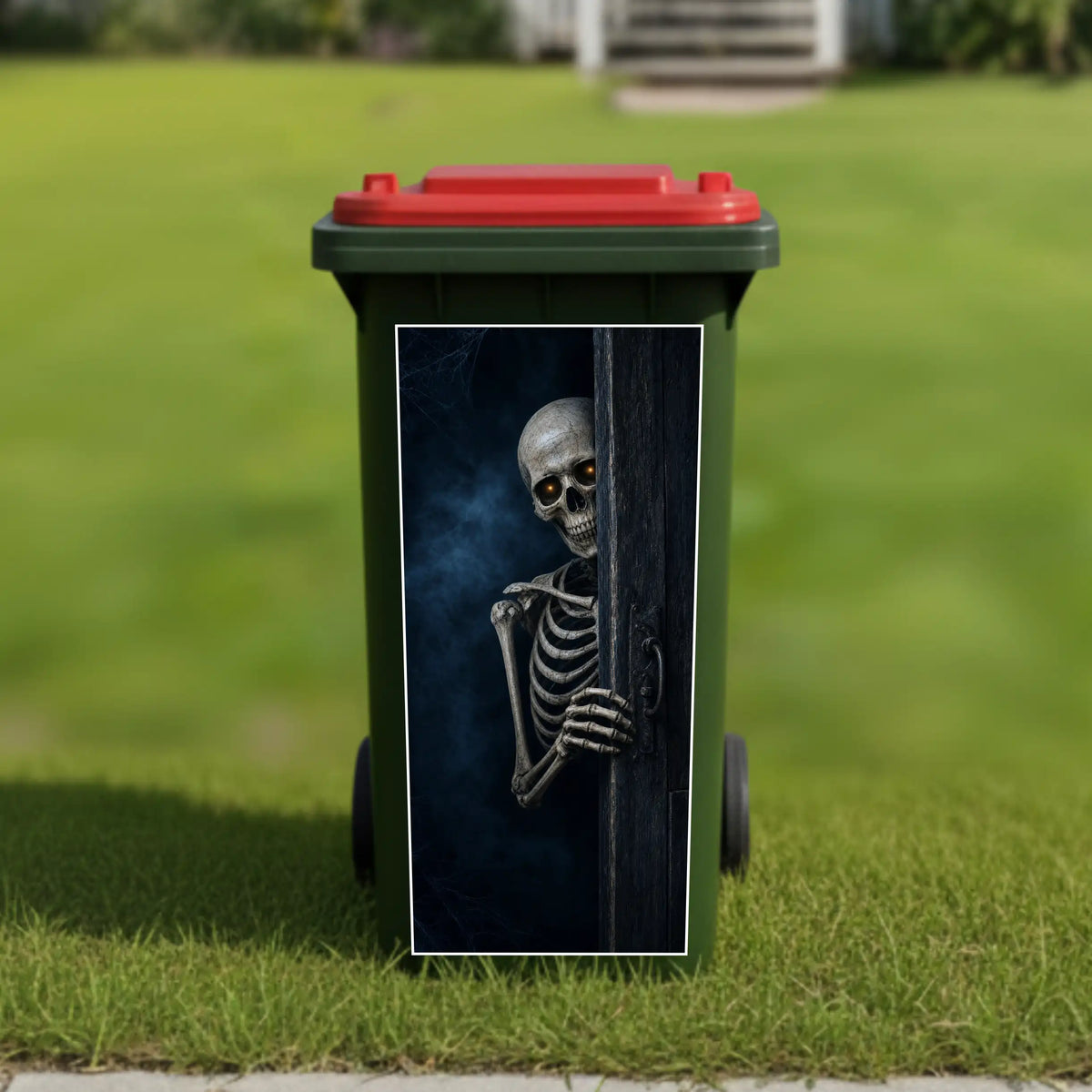 Peeking skeleton wheelie bin sticker