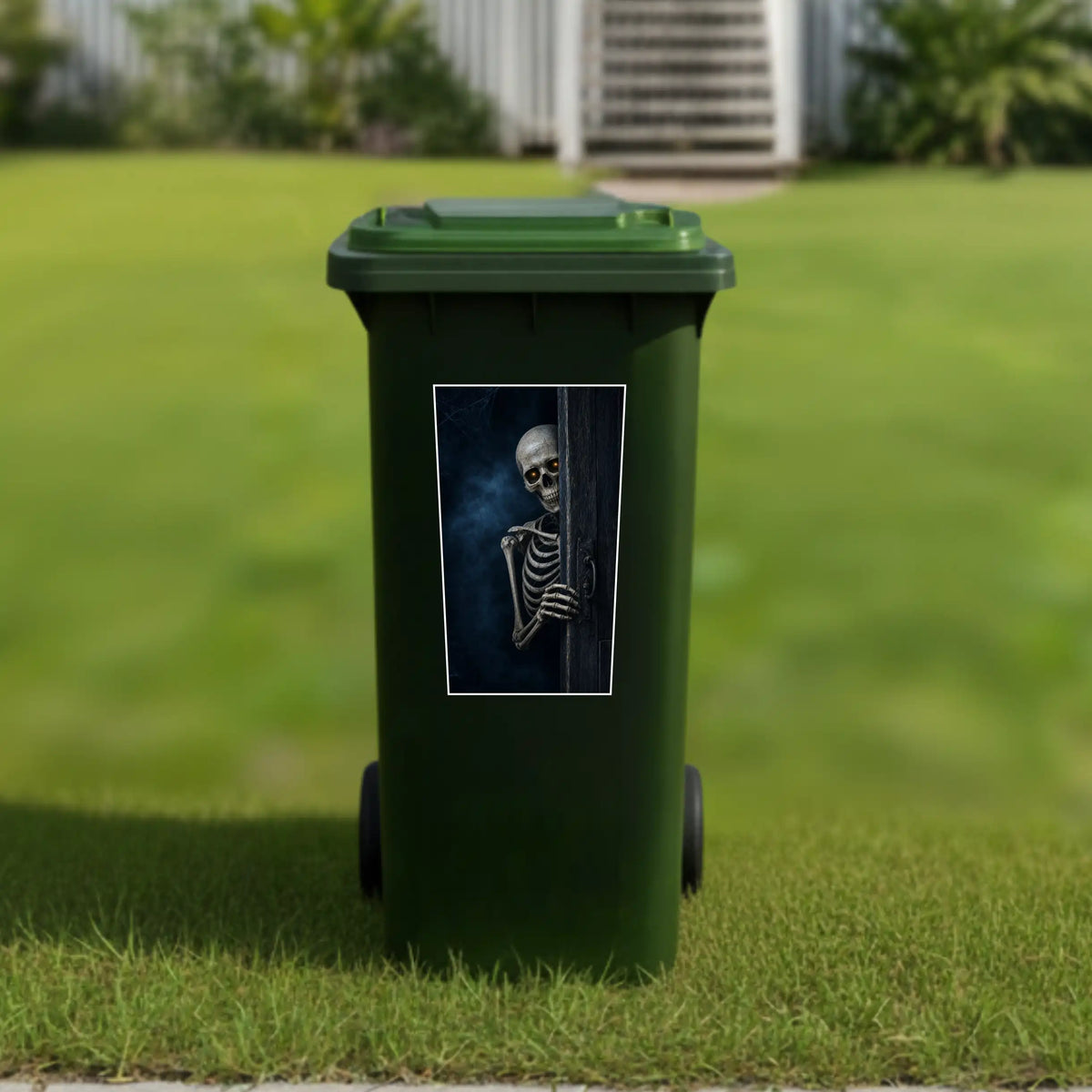 Peeking skeleton wheelie bin sticker