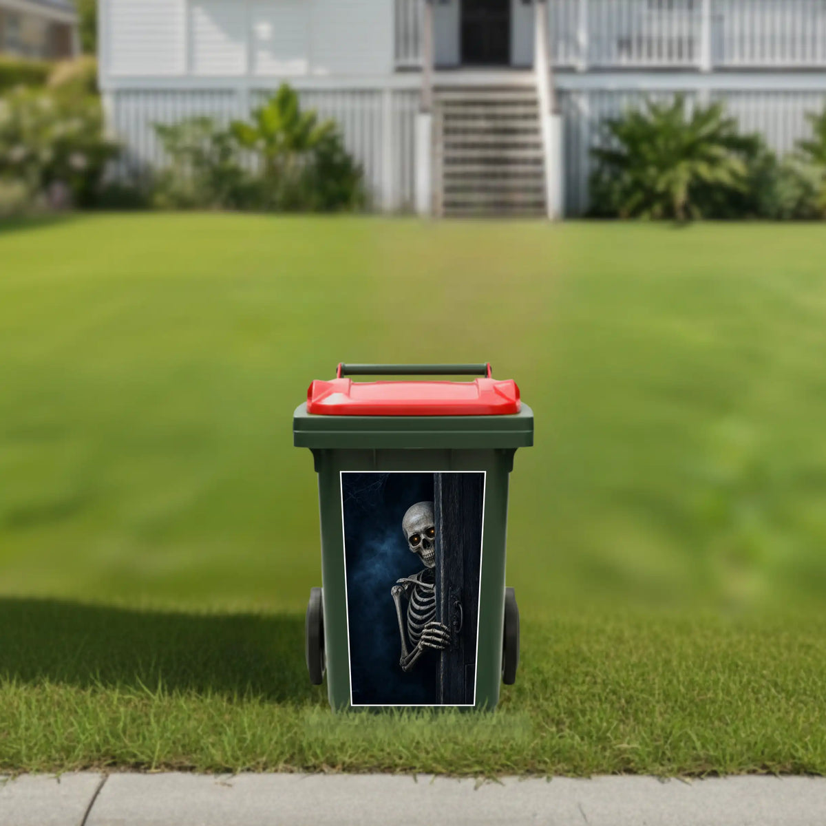 Peeking skeleton wheelie bin sticker