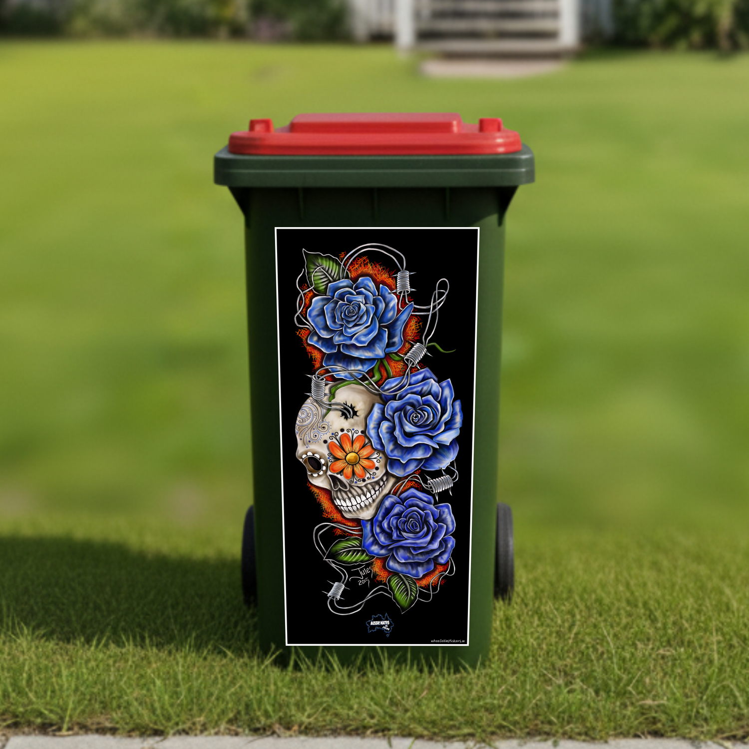 Skull and roses wheelie bin sticker