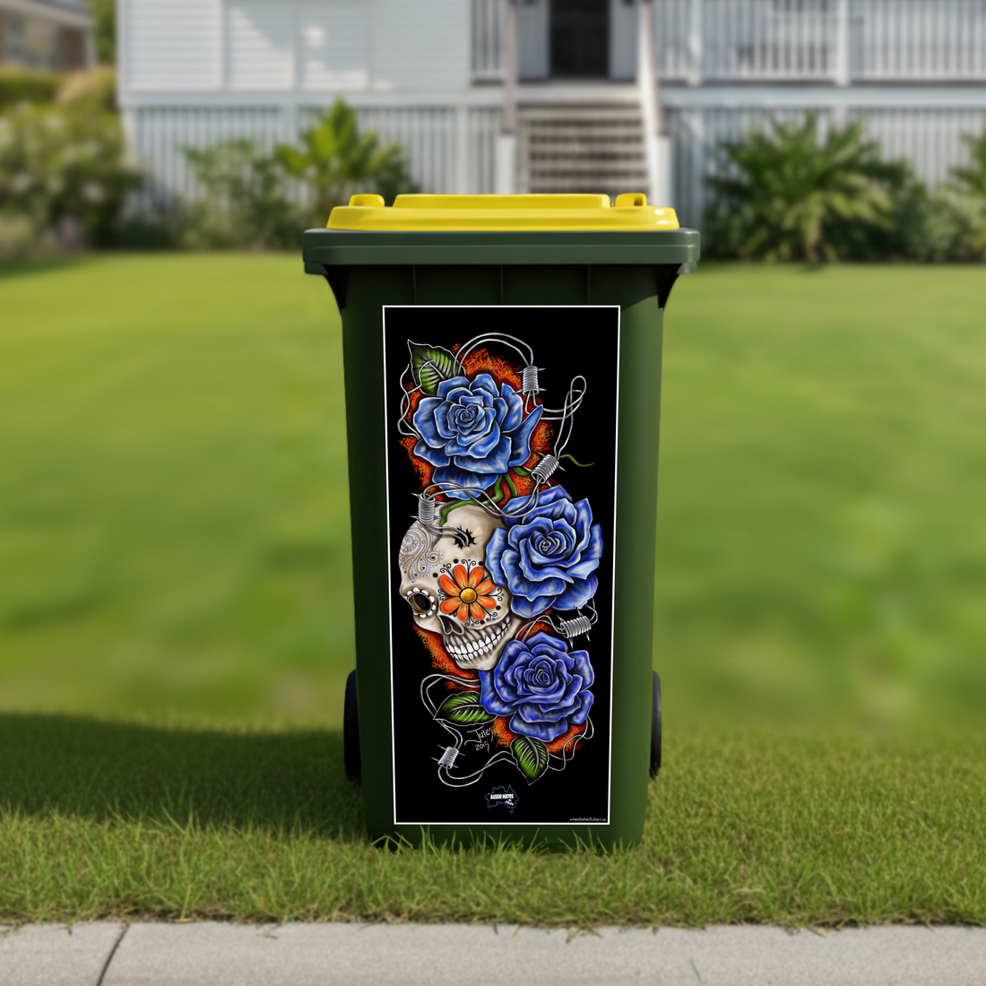 Skull and roses wheelie bin sticker