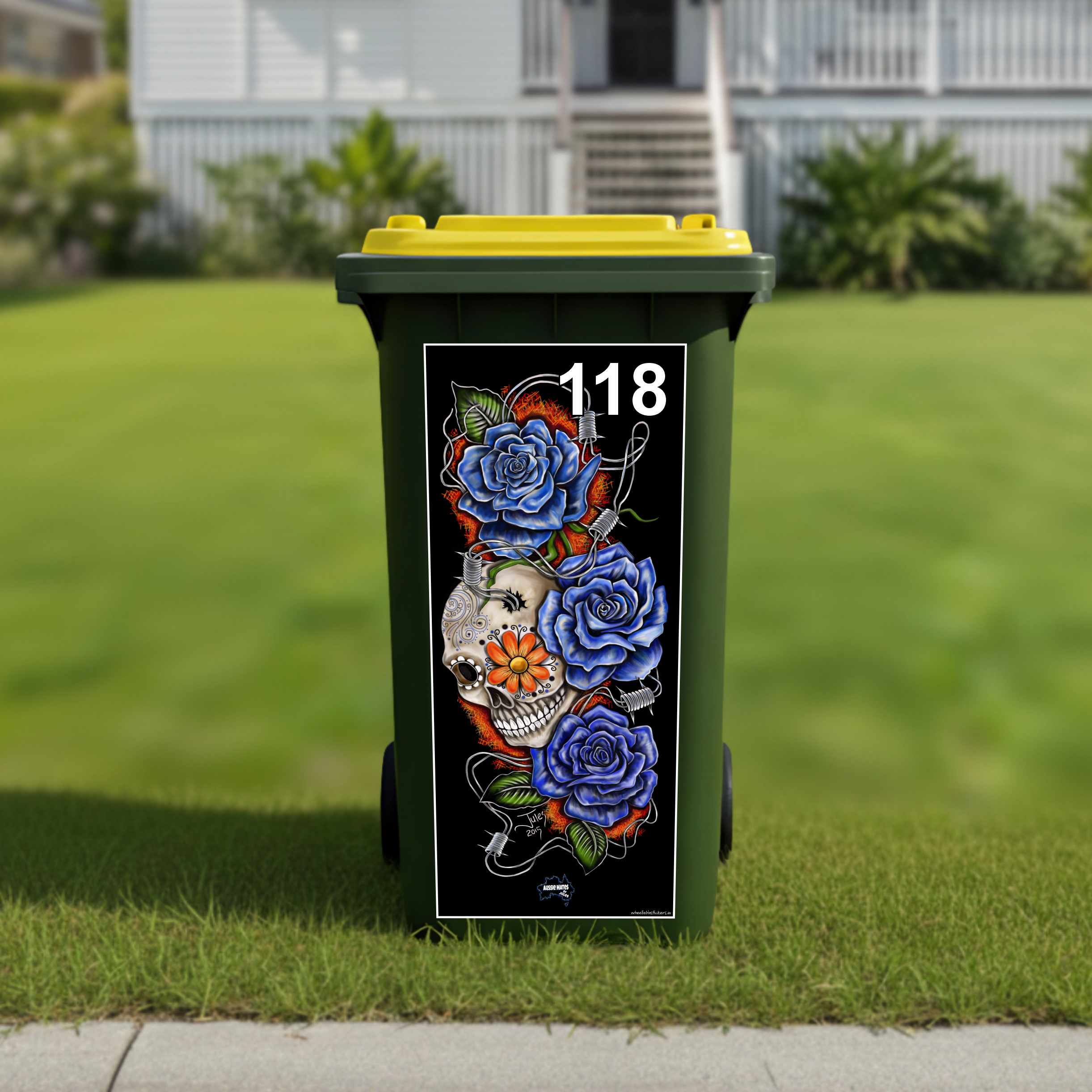 Skull and roses wheelie bin sticker