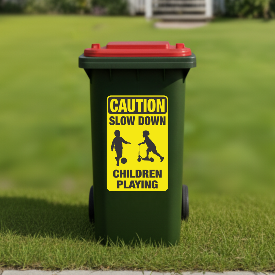 Caution slow down children playing wheelie bin sticker