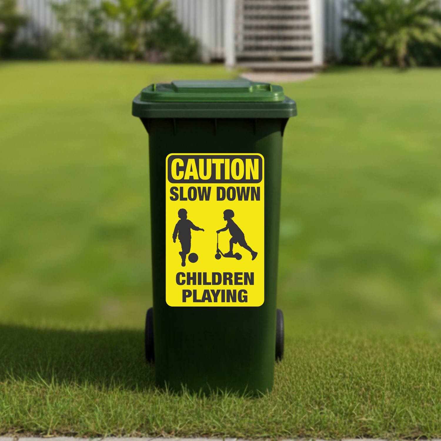Caution slow down children playing wheelie bin sticker