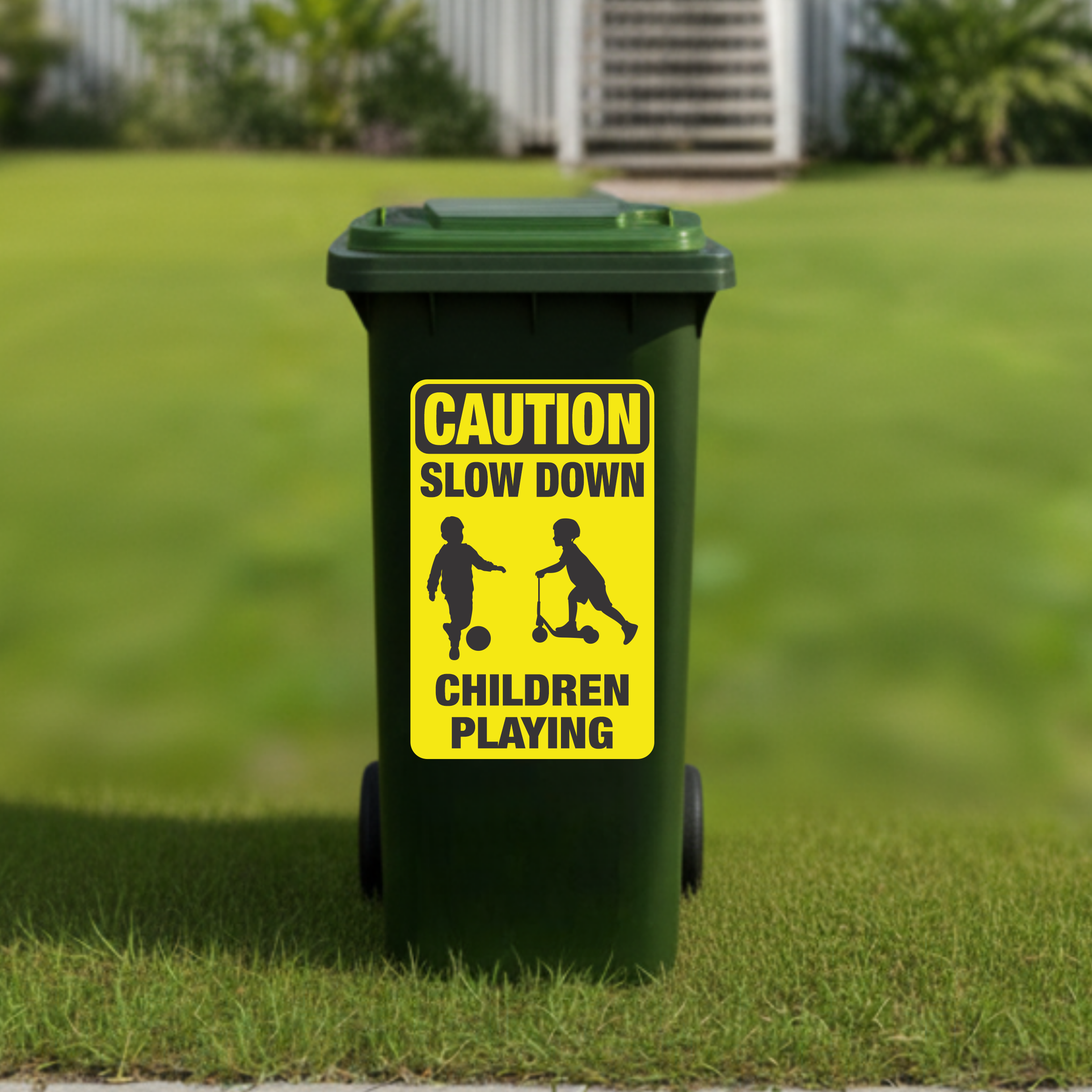 Caution slow down children playing wheelie bin sticker