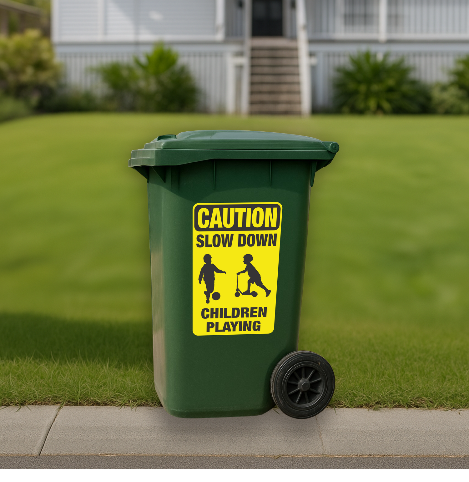 Caution slow down children playing wheelie bin sticker