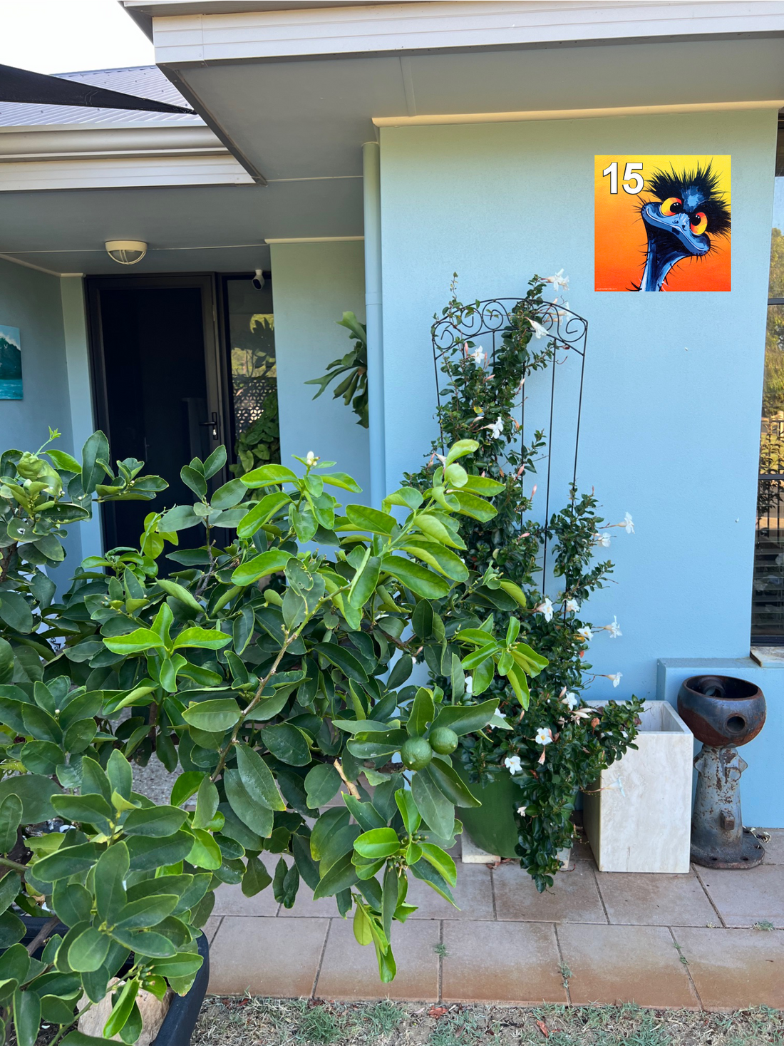 Stunned Emu house number panel