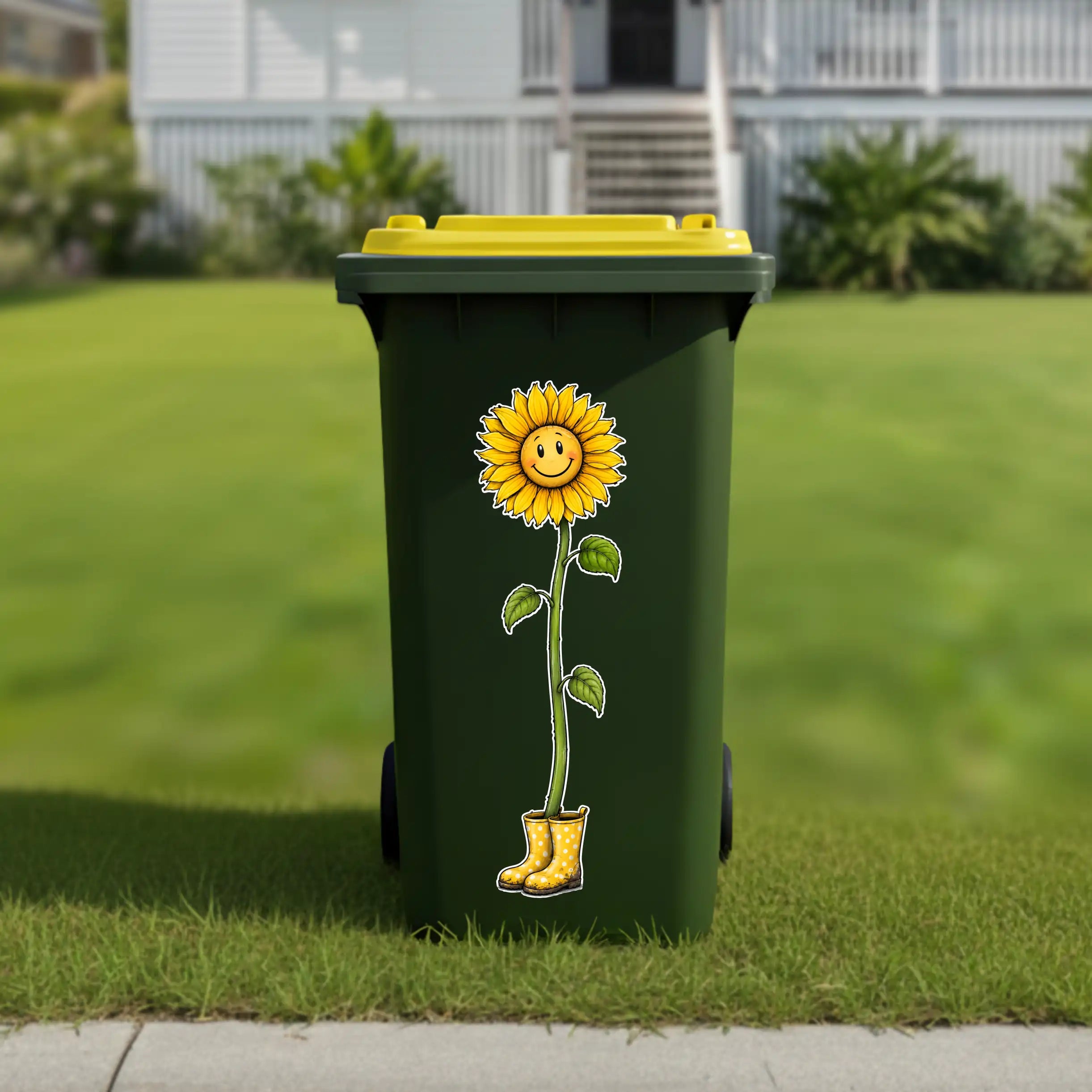 Happy sunflower with boots wheelie bin sticker
