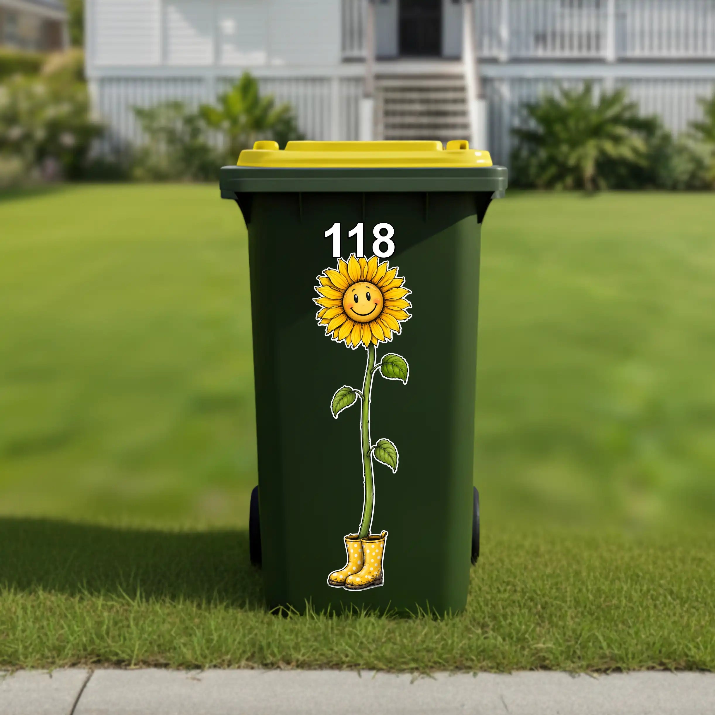Happy sunflower with boots wheelie bin sticker