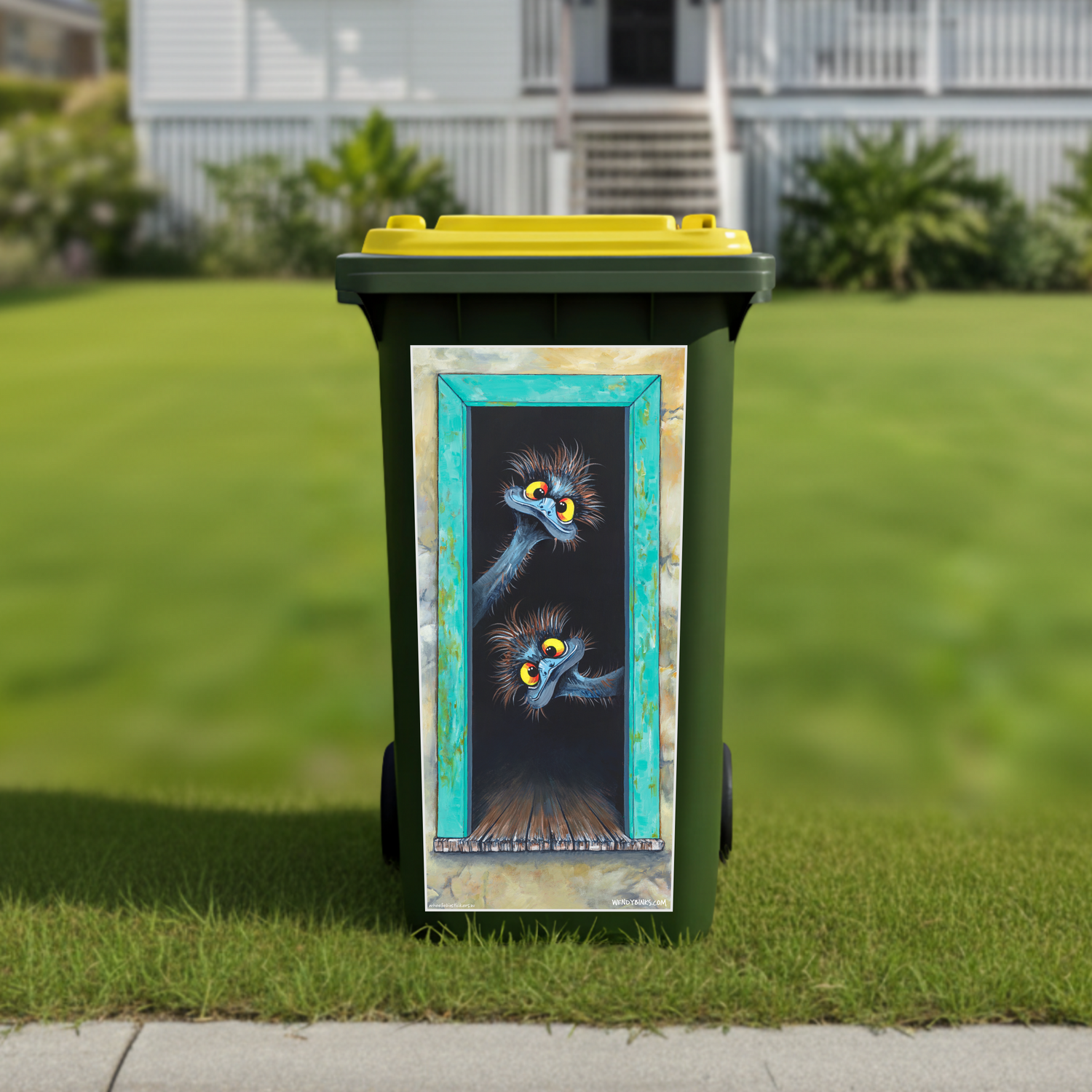 Welcoming Emus wheelie bin sticker