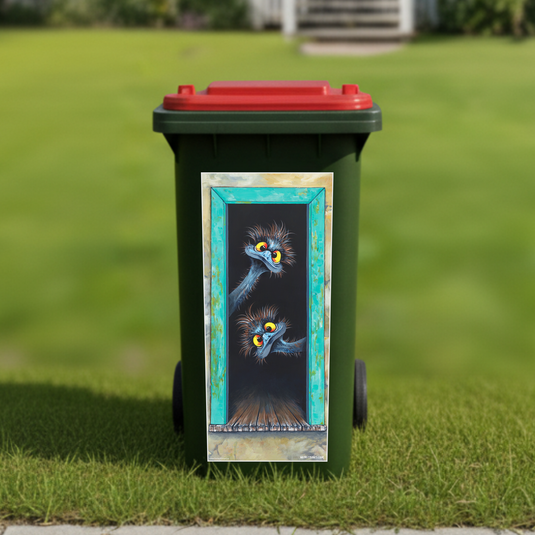 Welcoming Emus wheelie bin sticker
