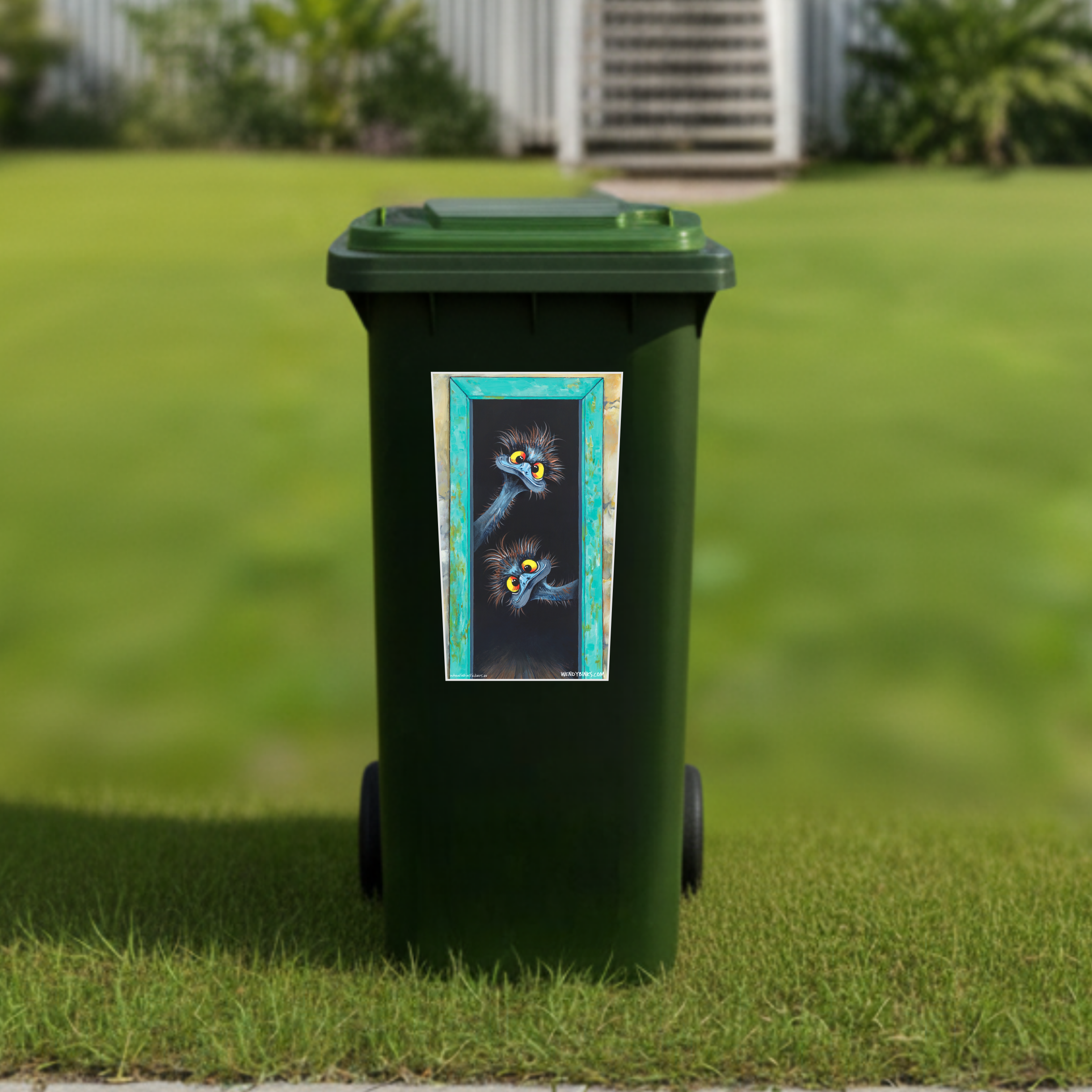 Welcoming Emus wheelie bin sticker