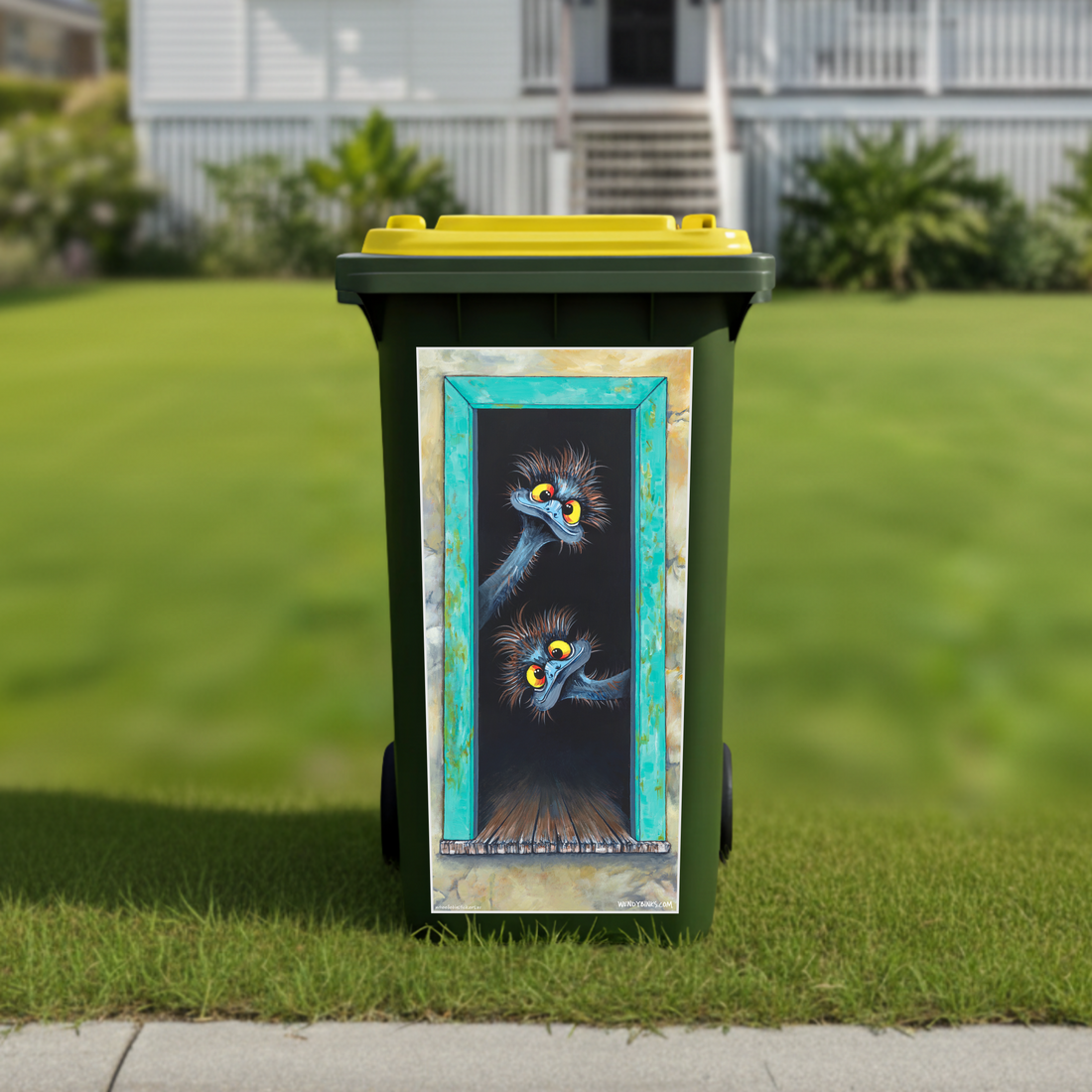 Welcoming Emus wheelie bin sticker