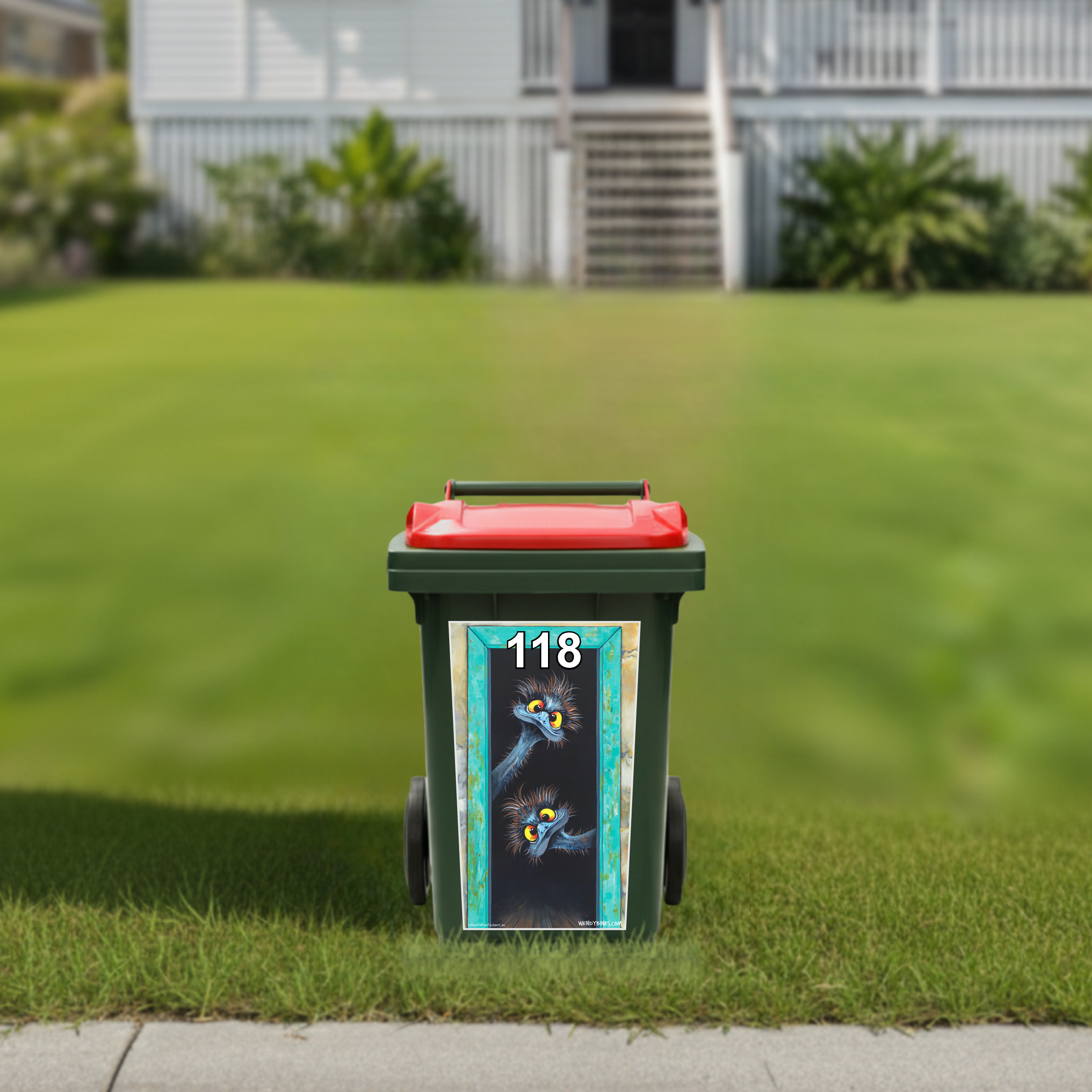 Welcoming Emus wheelie bin sticker