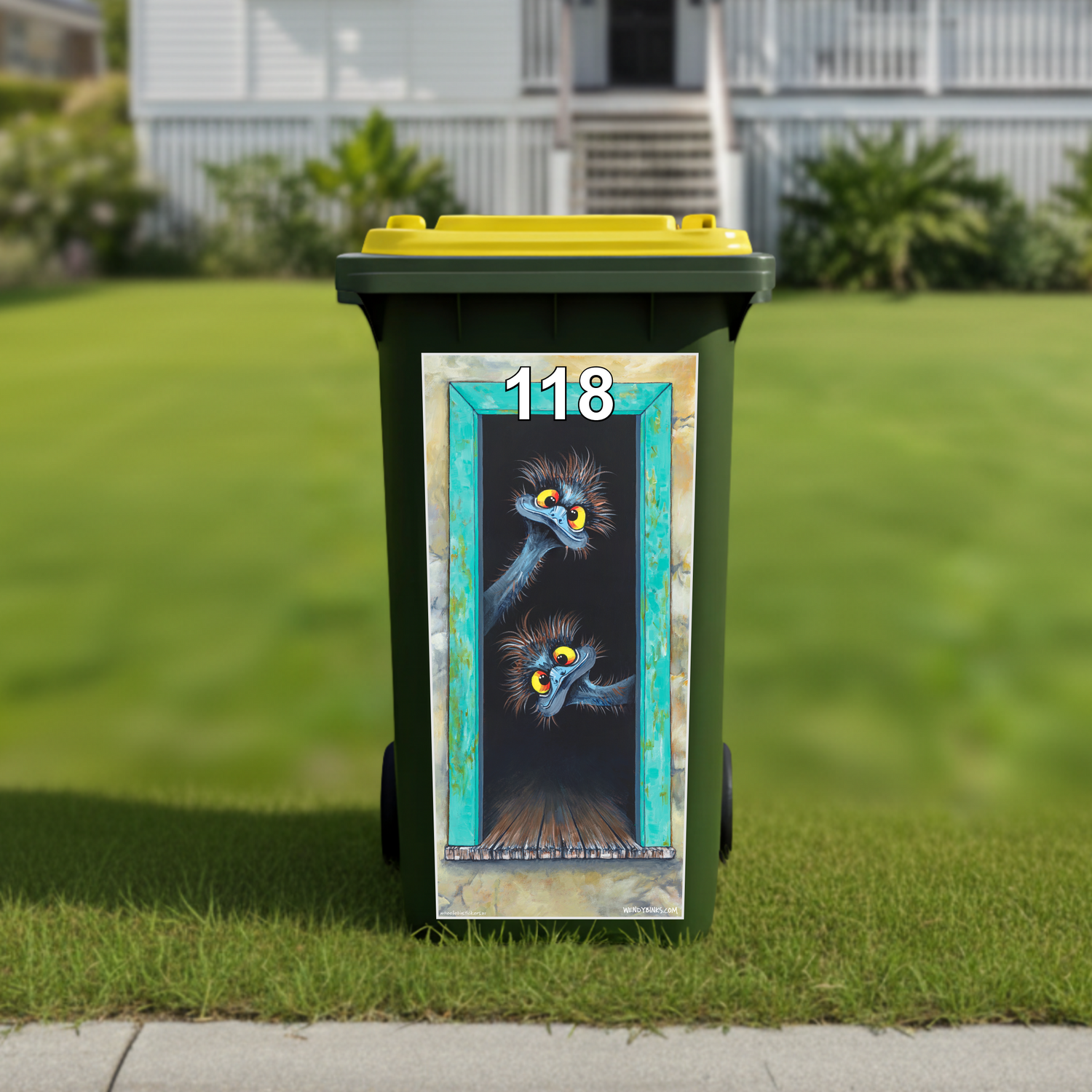 Welcoming Emus wheelie bin sticker