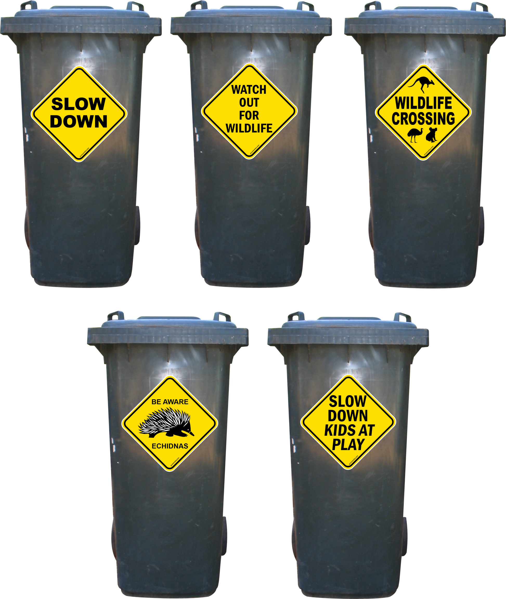 Wildlife and kids warning stickers for wheelie bins